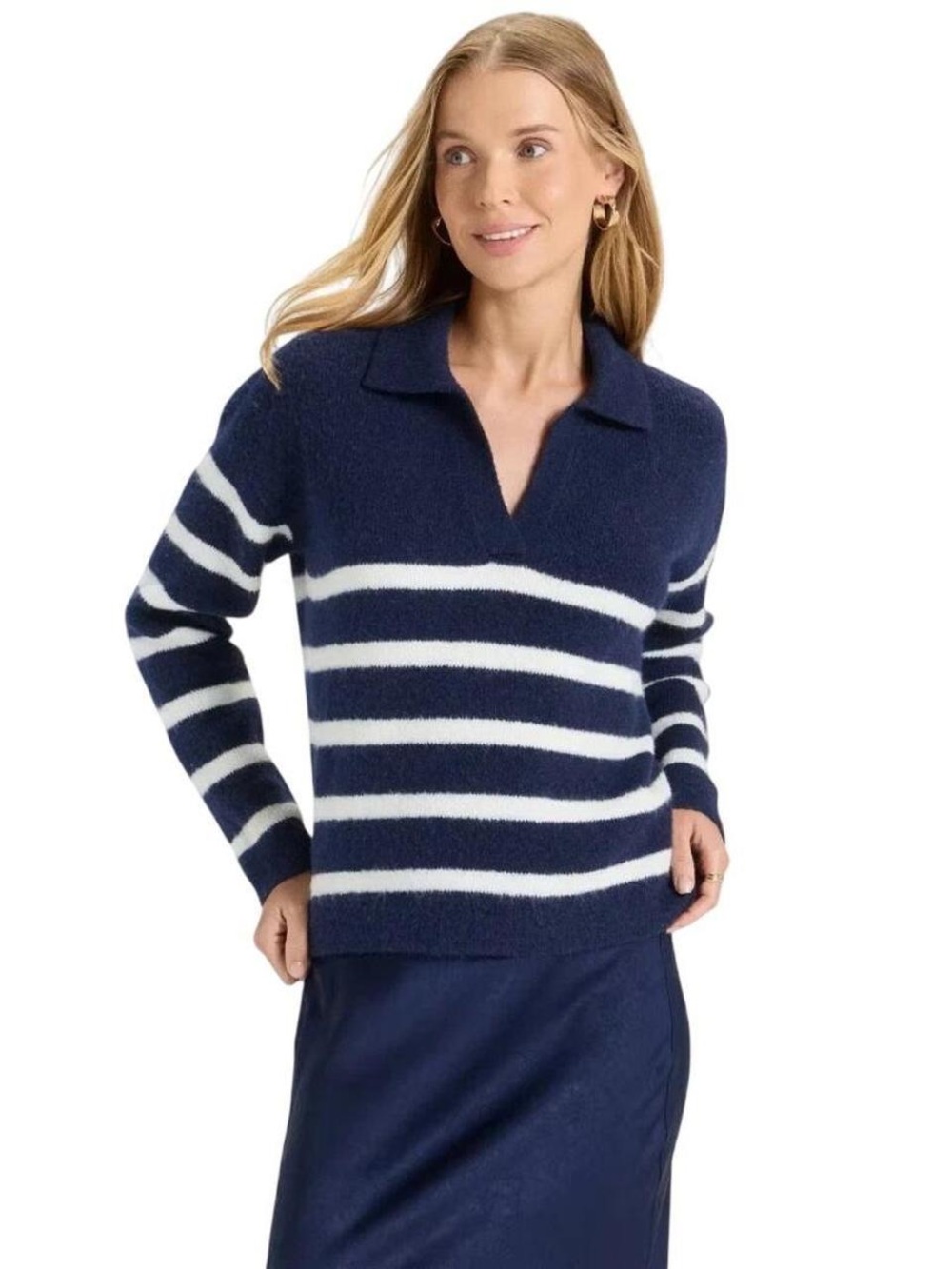 A New Day Navy Striped Polo Collar Knit Long Sleeve Sweater